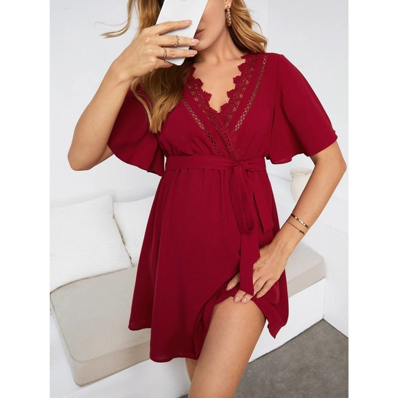 Maternity Contrast Lace v neck short sleeve Belted mini Dress red - Picture 1 of 8